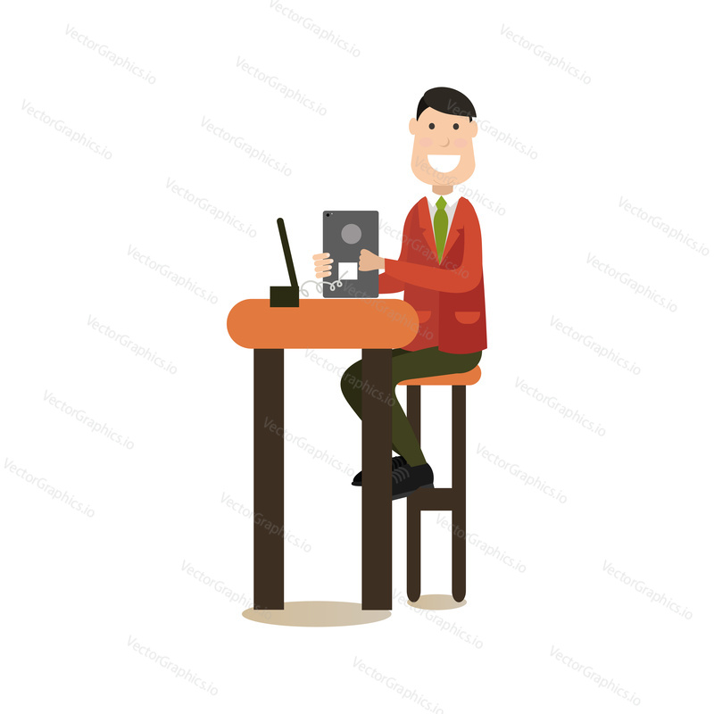 Vector illustration of male using the network in internet cafe or club. Internet people flat style design element, icon isolated on white background.