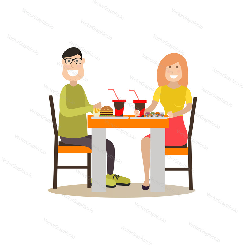 Vector illustration of couple sitting at table, eating burgers, french fries, sushi and drinking cola. Food people flat style design element, icon isolated on white background.