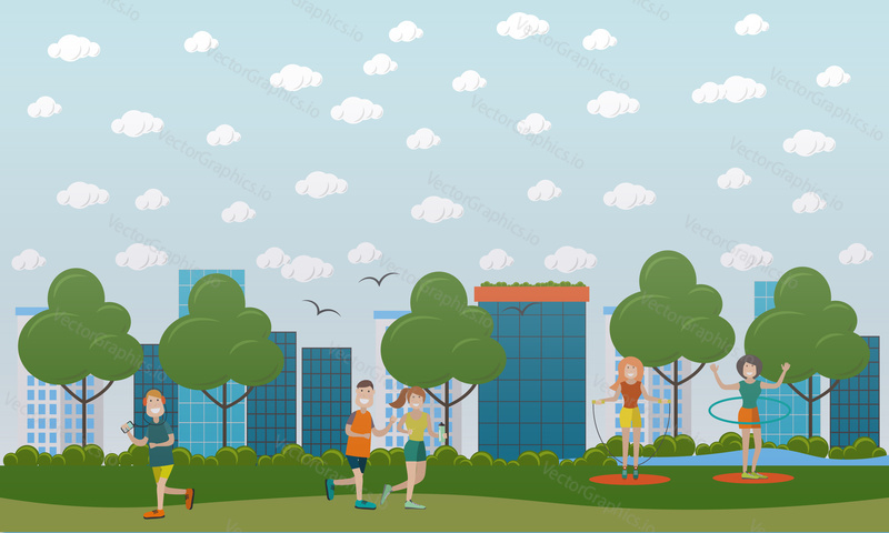 Vector illustration of men running and women jogging, doing hula hoop and jump rope exercises in park. Training outside people flat style design.