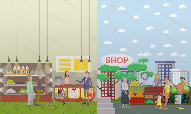 Векторная иллюстрация зрелых людей, делающих покупки в продуктовом магазине и на прилавках фруктового и овощного рынка. Дизайн в плоском стиле.