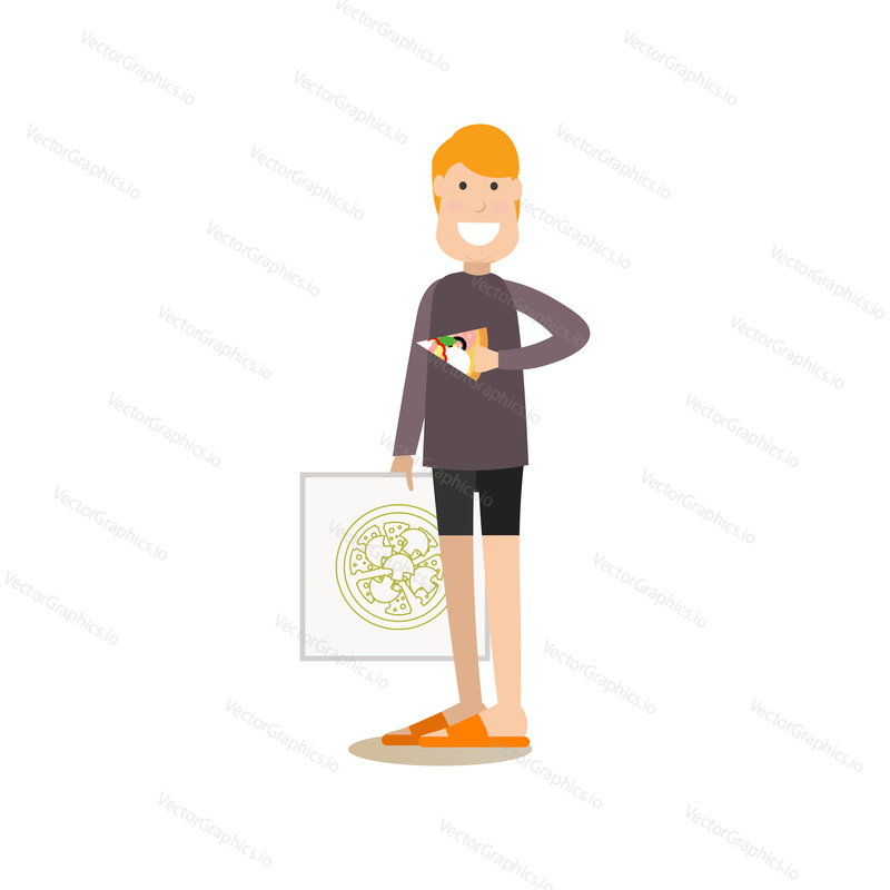Vector illustration of man with pizza box in one hand and slice of pizza in the other. Takeaway food concept. Food people flat style design element, icon isolated on white background.