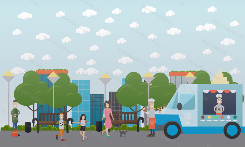 City public park concept vector illustration. Icecream salesman selling ice cream cones, kids playing ball, woman walking dog, street sweeper with broom. Flat style design.
