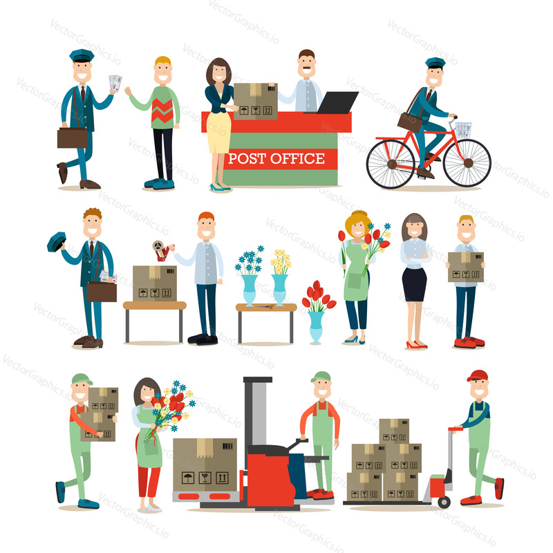 Vector illustration of postal service manager, postman, loader, packager and florist. Delivery people symbols, icons isolated on white background. Flat style design.