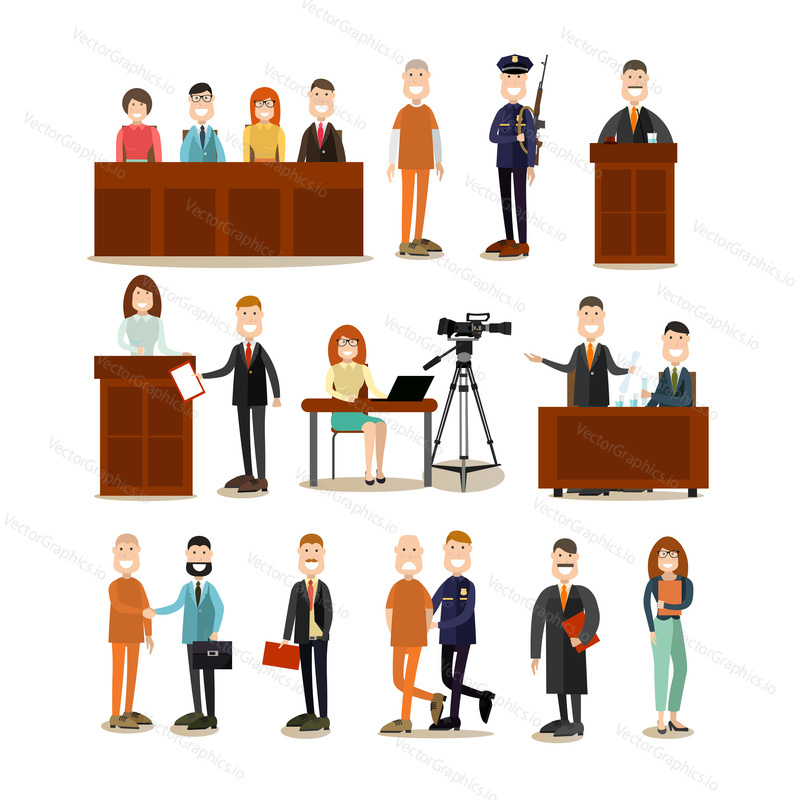Vector illustration of professional judge, lawyer, jury, police officer, witness and defendant. Law court people symbols, icons isolated on white background. Flat style design.