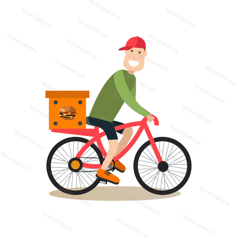 Vector illustration of courier bicycle messenger delivering cardboard box with fast food by bike. Bicycle delivery concept. Food people flat style design element, icon isolated on white background.