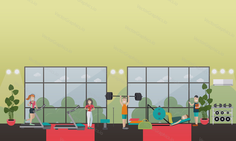 Vector illustration of fitness people males and females doing exercises with barbell, using leg press machine, treadmill. Gym equipment concept flat style design.