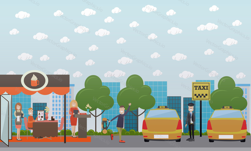 Vector set of city street concept design elements. Taxi stand with taxi cabs, driver and man waving, sidewalk cafe with personnel and visitor. Flat style design.