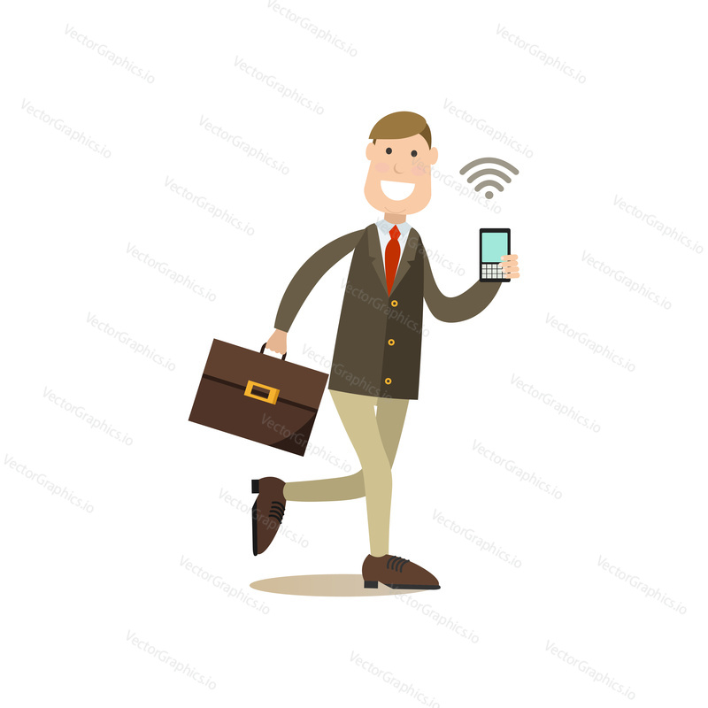Vector illustration of man using mobile internet on the go. Internet people flat style design element, icon isolated on white background.