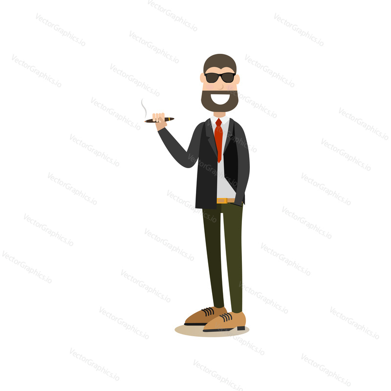 Vector illustration of confident businessman in suit standing with one hand in pocket and smoking cigar. Business people flat style design element, icon isolated on white background.