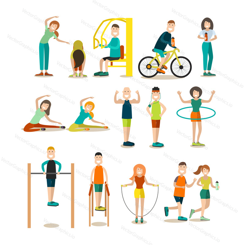 Vector illustration of fitness people doing sports jogging, going cycling, working out using exercise equipment, jump rope, hula hoop. Training outside people flat icons isolated on white background.