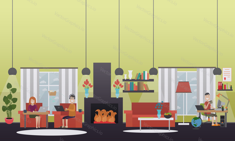 Vector illustration of couple using laptops for sending and receiving e-mail messages, man sitting in front of computer using internet while drinking tea. Home Wi-Fi network concept flat style design.