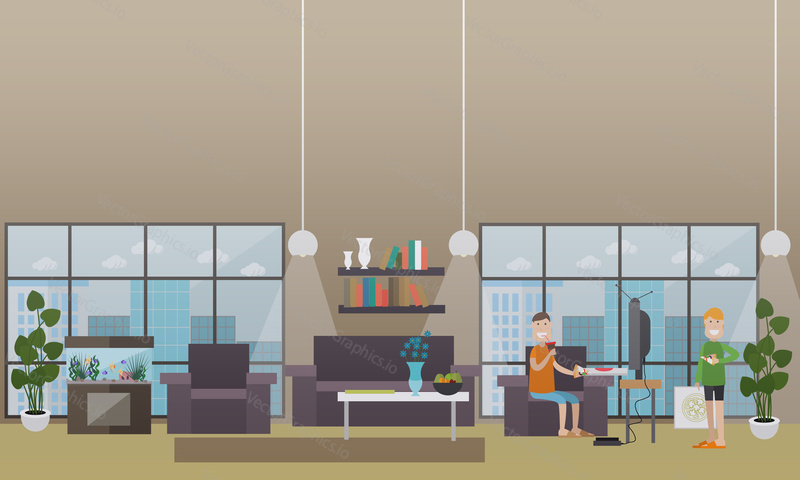 Vector illustration of one man eating pizza and drinking cola while watching tv and the other man holding pizza box and slice of it. Home interior. Takeaway food concept design elements in flat style.