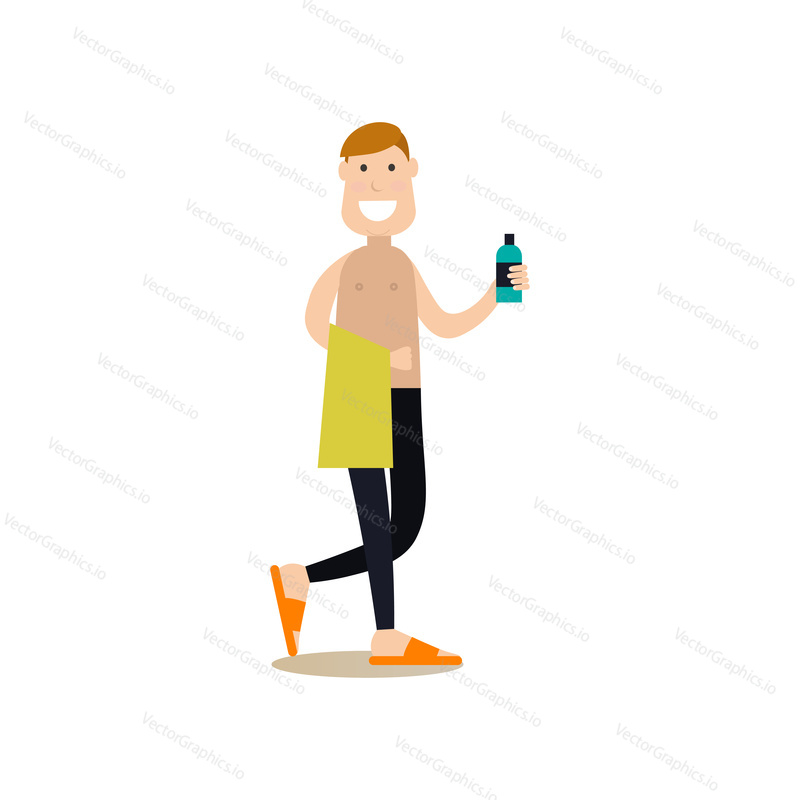 Vector illustration of fitness man going to take a shower after workout. Gym people flat style design element, icon isolated on white background.