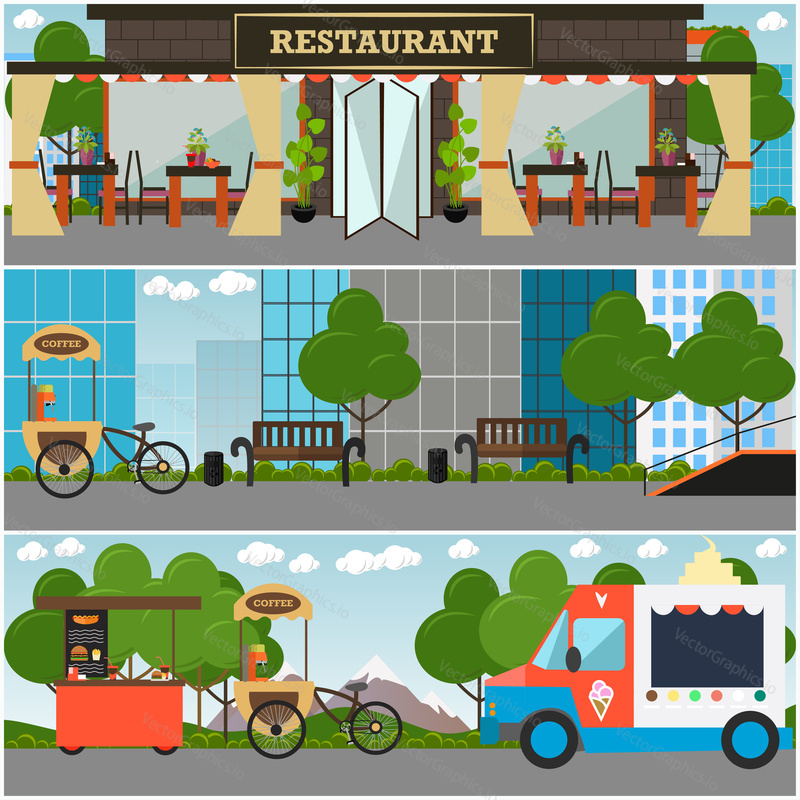Vector street food and drink establishment interior set. Street restaurant or sidewalk cafe, coffee bike, fast food cart, ice cream truck. Flat style design.