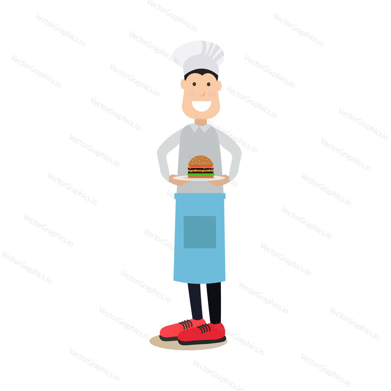 Vector illustration of happy smiling chef or cook in uniform holding plate with burger. Food people flat style design element, icon isolated on white background.