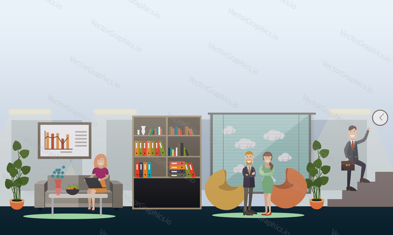 Vector illustration of business people in office, modern workspace and hallway interior with furniture. Flat style design.