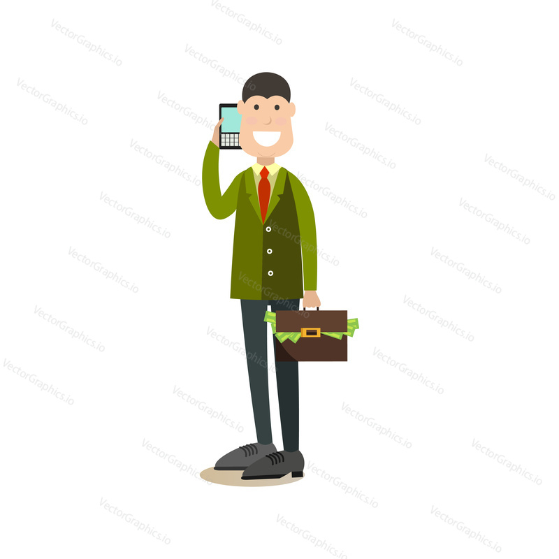 Vector illustration of businessman with briefcase full of money talking over mobile phone. Business people flat style design element, icon isolated on white background.