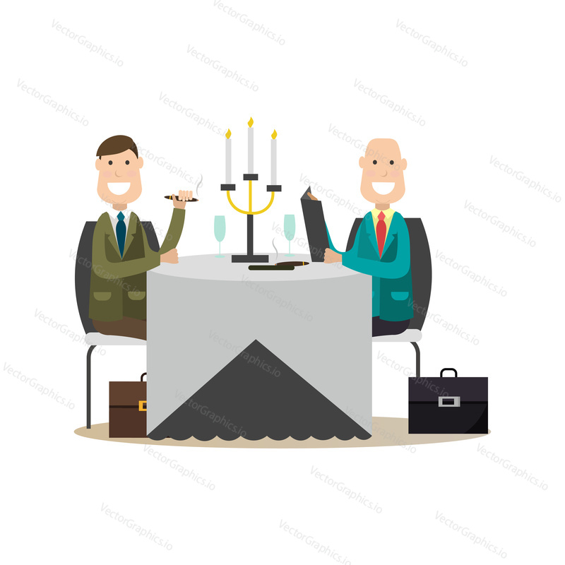 Vector illustration of businessmen having dinner at restaurant. Business people relaxing after work flat style design elements, icons isolated on white background.