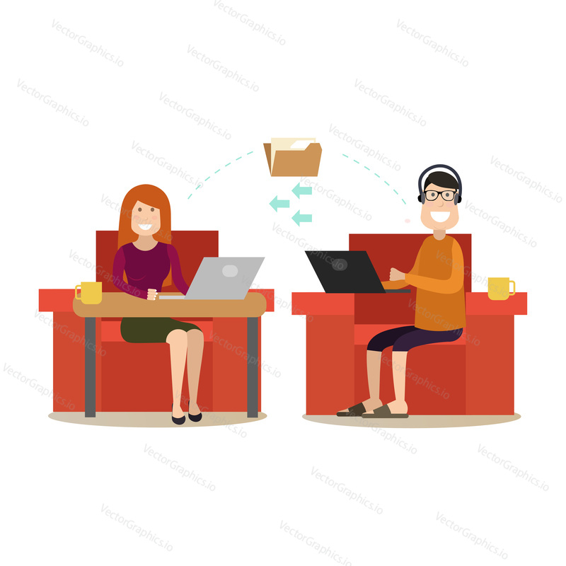 Vector illustration of man and woman sending online messages to each other using laptops. Internet for social networking concept flat style design elements isolated on white background.