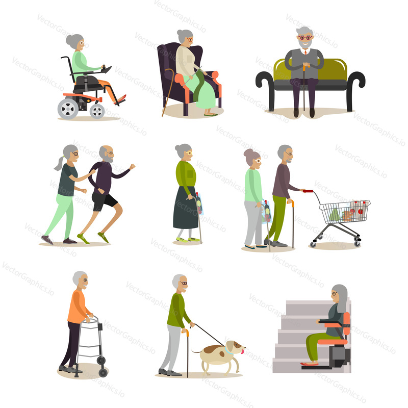 Vector set of aged people cartoon characters isolated on white background. Elderly men and women icons, flat style design elements.