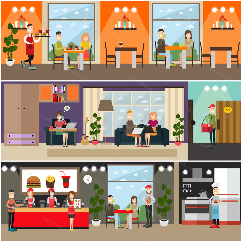 Vector set of fast food flat posters, banners with quick service restaurant or cafe interior, professional staff and visitors. People making online order from home, courier with red delivery bag.