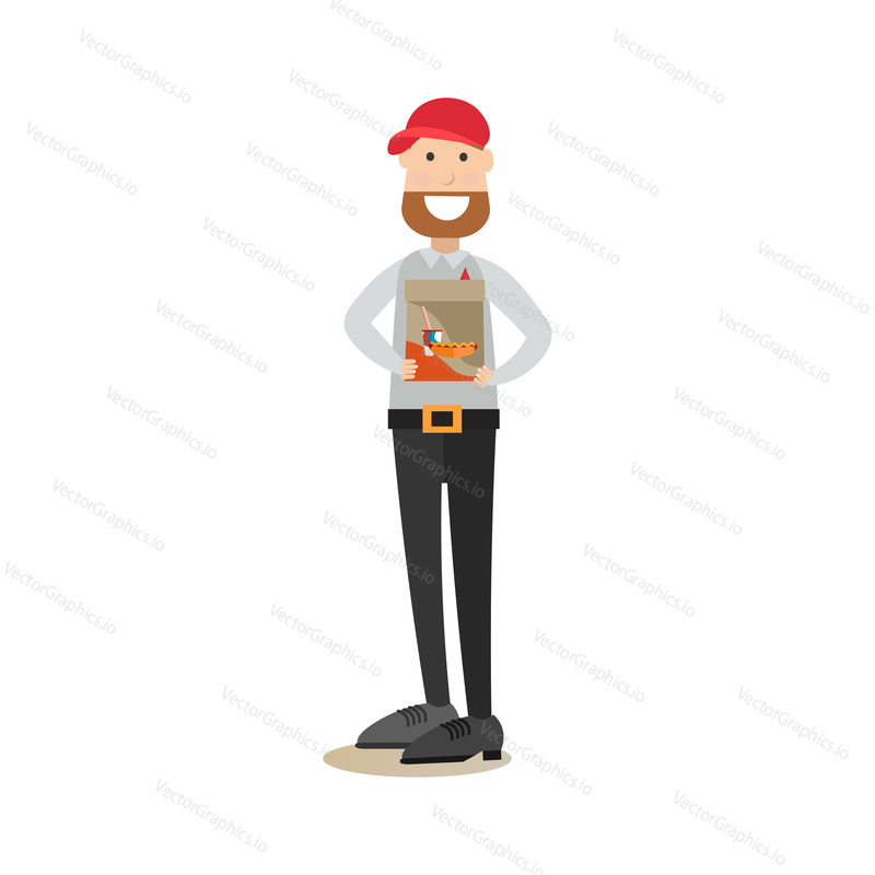 Vector illustration of man holding paper bag with hot dog and cola. Takeaway food concept. Food people flat style design element, icon isolated on white background.