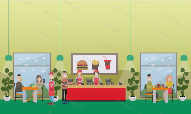 Vector illustration of fast food restaurant interior with waiters, saleswomen and visitors. Burger bar advertising concept design element in flat style.