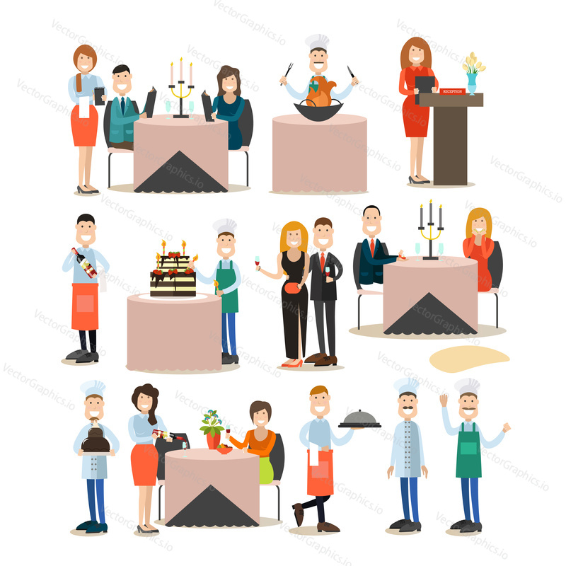 Vector illustration of restaurant workers manager, chef, cook, waiter, waitress, baker, confectioner and visitors. Restaurant people symbols, icons isolated on white background. Flat style design.