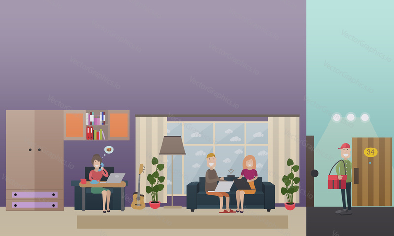 Vector set of home delivery concept flat style design elements. Restaurant worker female taking order by phone, courier delivering food and couple sitting on sofa and making online order using laptop.