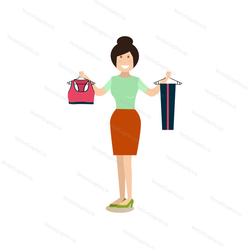 Vector illustration of woman holding sports clothing. Gym people flat style design element, icon isolated on white background.