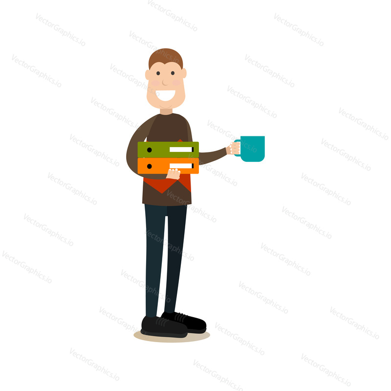 Vector illustration of happy man holding cup of tea in one hand and folders with papers in the other. Business people flat style design element, icon isolated on white background.