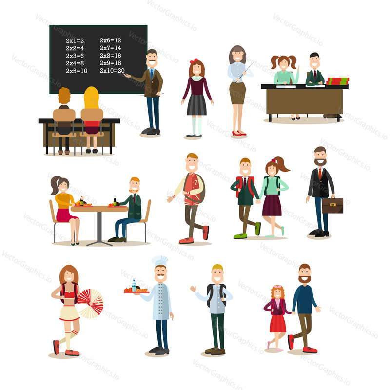 Vector illustration of school principal, teacher, cook and schoolchildren. School people symbols, icons isolated on white background. Flat style design.