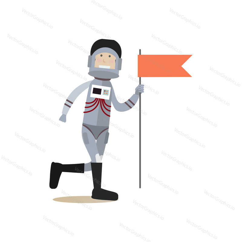 Vector illustration of astronaut with red flag. Space exploration concept. Space people flat style design element, icon isolated on white background.