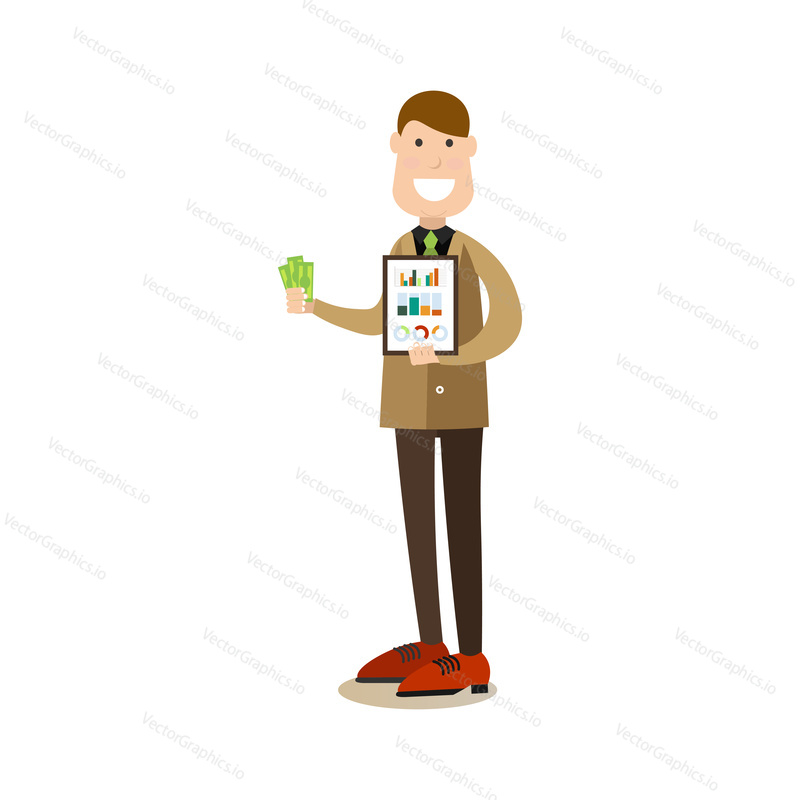 Vector illustration of businessman holding paper money in one hand and clipboard with diagrams in the other. Business people flat style design element, icon isolated on white background.