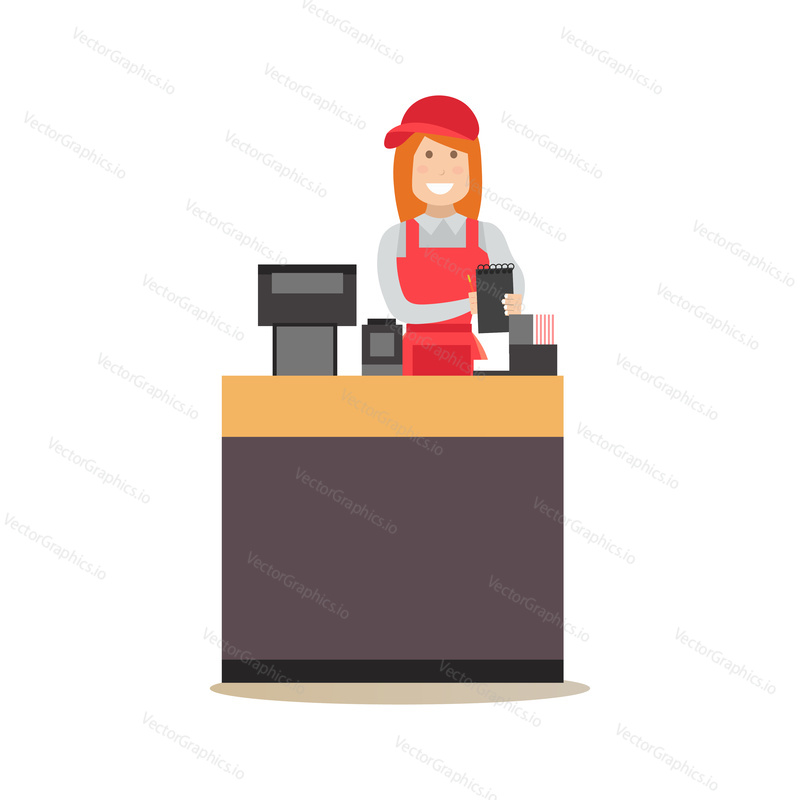 Vector illustration of fast food restaurant worker saleswoman taking order. Food people flat style design element, icon isolated on white background.