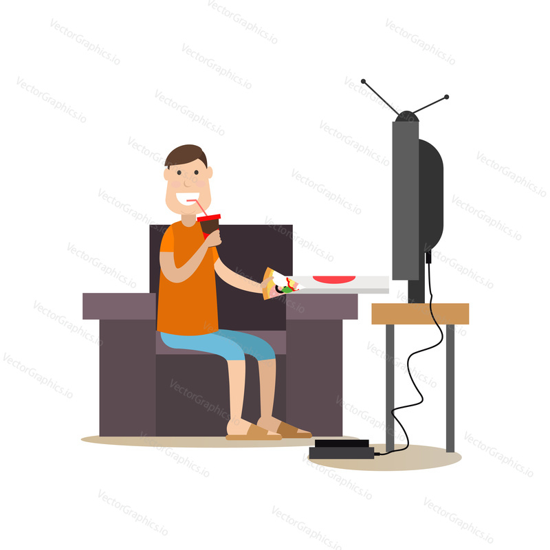Vector illustration of man eating pizza and drinking cola while watching tv at home. Takeaway food or home delivery concept. Food people flat style design element, icon isolated on white background.