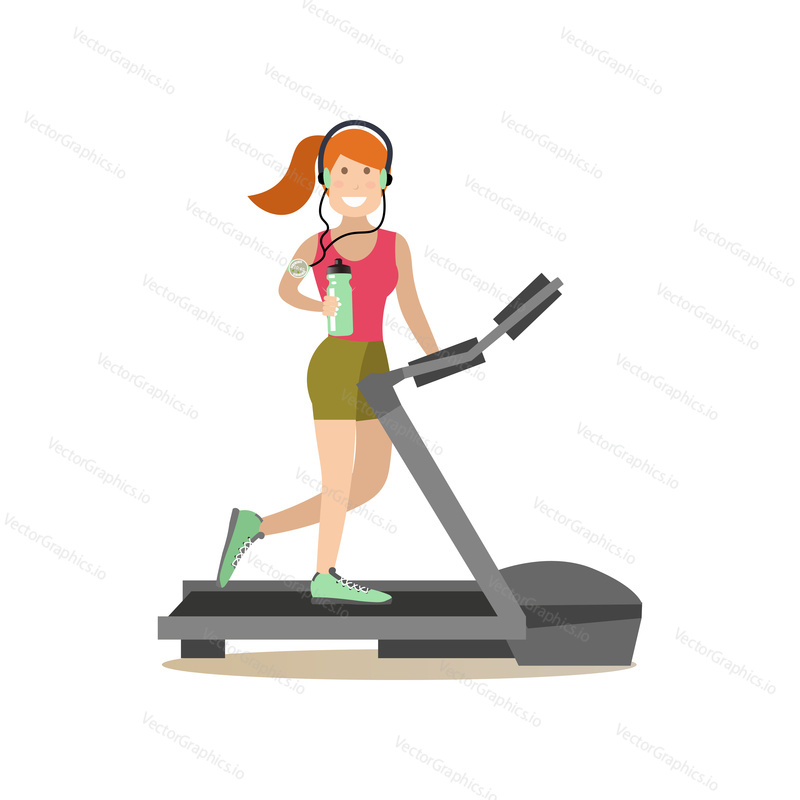 Vector illustration of beautiful fitness girl with sports water bottle listening to music while running on treadmill. Gym people flat style design element, icon isolated on white background.