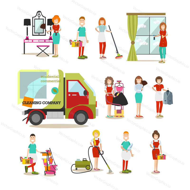 Векторная иллюстрация уборщиц и мужчин-уборщиков на работе. Символы сотрудников клининговой компании, значки, выделенные на белом фоне. Дизайн в плоском стиле.