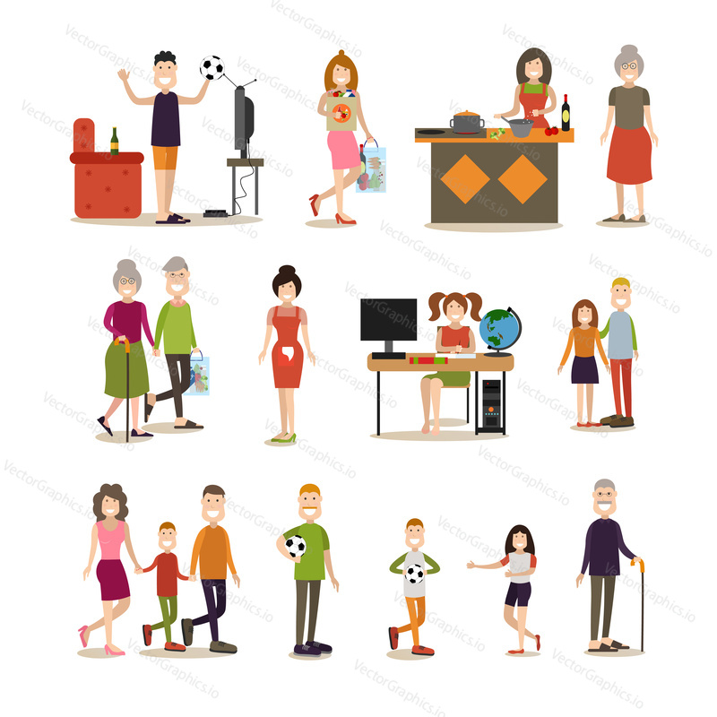 Vector illustration of happy family cartoon characters grandparents, parents and their kids. Family people symbols, icons isolated on white background. Flat style design.
