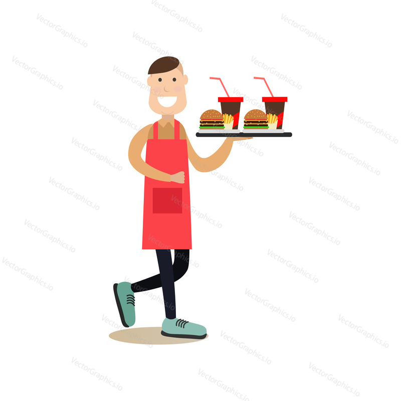 Vector illustration of waiter holding tray with burgers and cola. Food people flat style design element, icon isolated on white background.