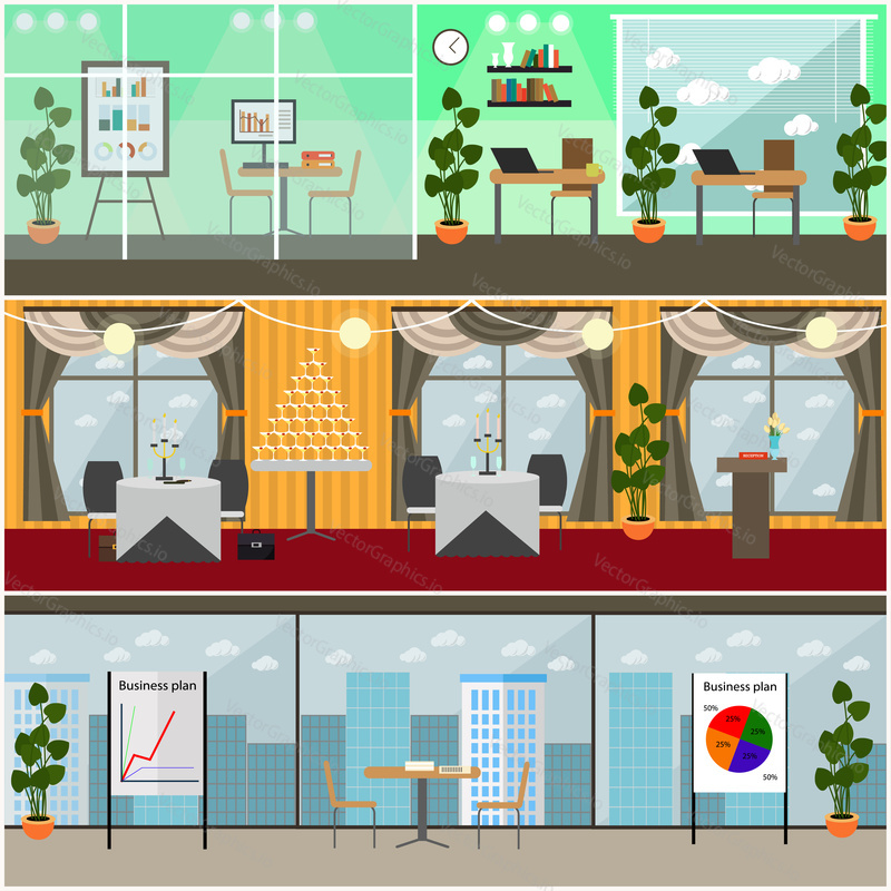 Vector set of business posters, banners. Modern office space interior with office furniture and equipment and restaurant interior. Flat style design.