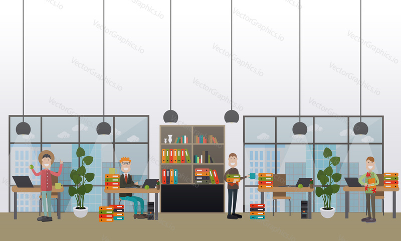 Vector illustration of professional creative team working on business project. Office room interior with office supplies and equipment. Flat style design.