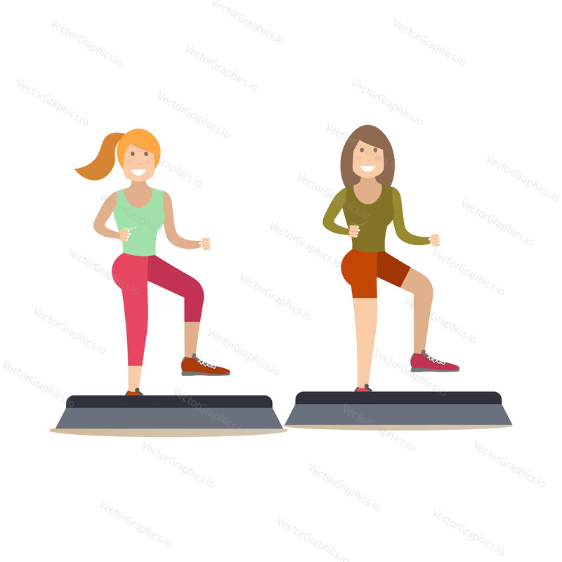 Vector illustration of beautiful fitness girls doing step aerobics or exercising using step platforms. Gym people flat style design element, icon isolated on white background.