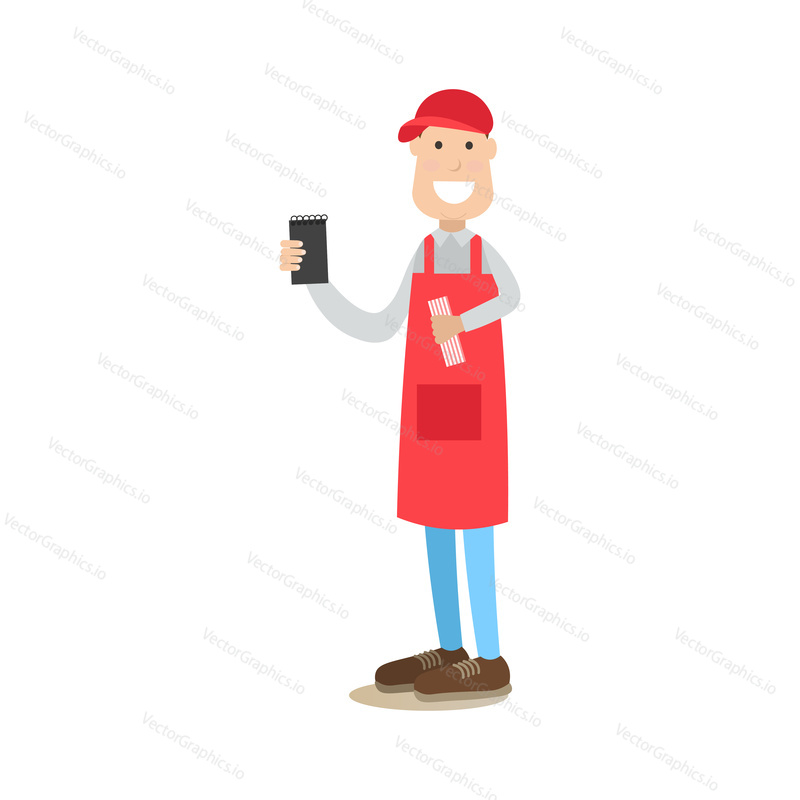 Vector illustration of waiter holding order pad in one hand and drinking straws in the other. Food people flat style design element, icon isolated on white background.