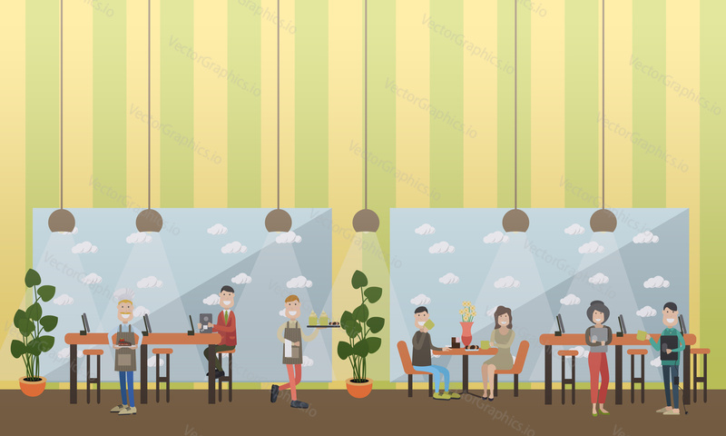 Internet cafe concept vector illustration. Waiters serving coffee and cakes to customers internet users. Freelancers working using tablets. Flat style design.