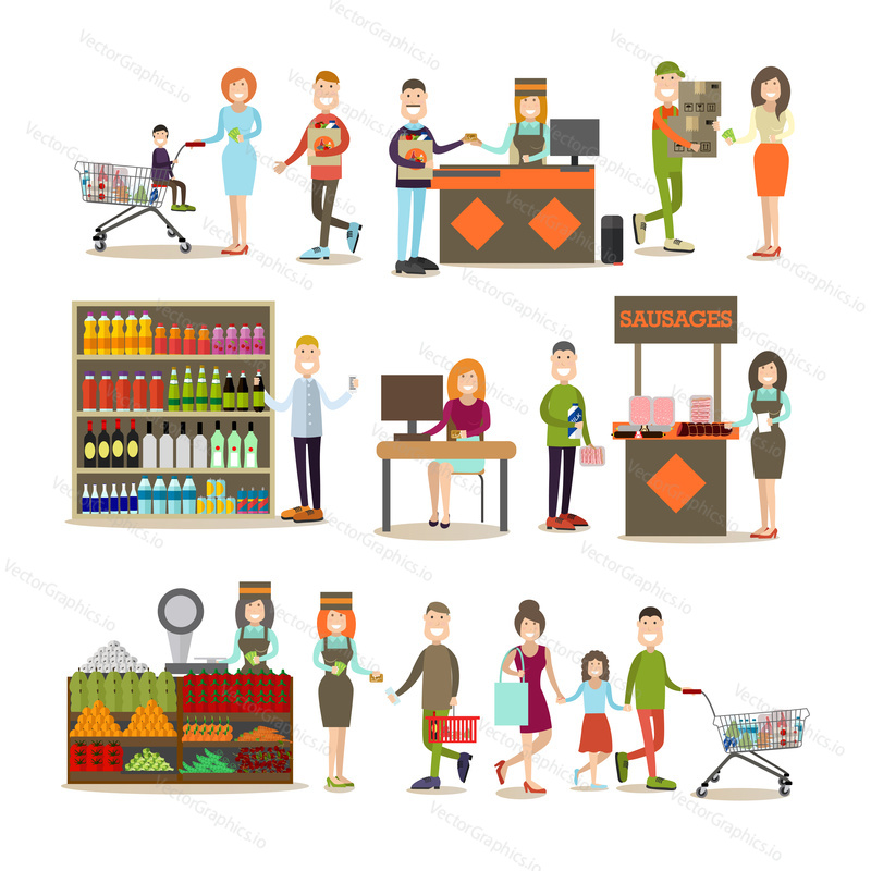 Векторная иллюстрация людей, делающих покупки в продуктовом магазине или на рынке. Символы людей, совершающих покупки, значки, выделенные на белом фоне. Дизайн в плоском стиле.