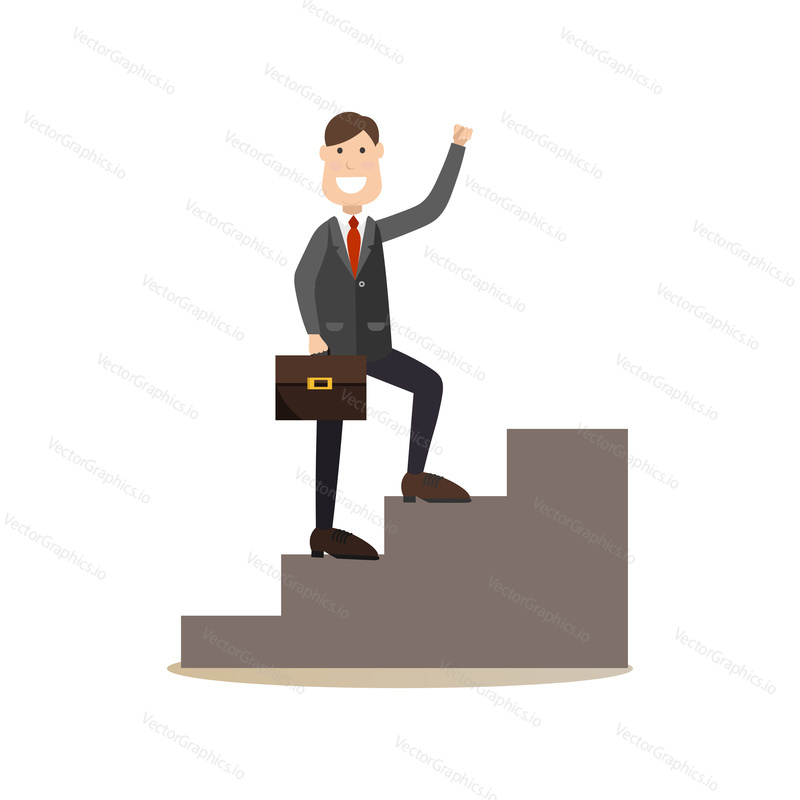 Vector illustration of happy businessman going upstairs with hand raised. Business people flat style design element, icon isolated on white background.