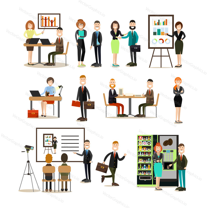 Vector illustration of business people giving presentation, taking part in conference, taking coffee break, signing contract, working on computer. Office people flat icons isolated on white background