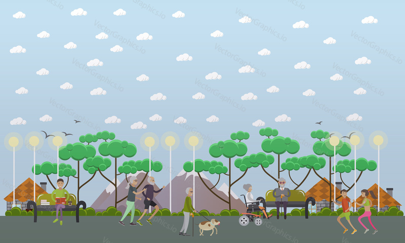 Vector illustration of aged people walking in park. Active senior man and woman jogging. Elderly men walking dog and sitting on bench, woman riding wheelchair. Flat style design.