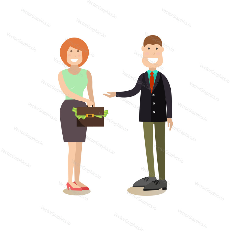Vector illustration of businesswoman giving briefcase full of paper money to businessman. Business people flat style design elements, icons isolated on white background.